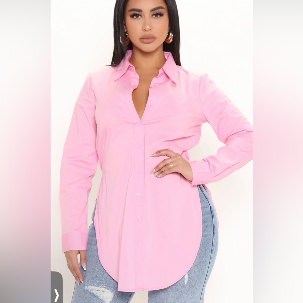 Fashion Nova Light Pink Long Sleeve Button-Down Shirt with Side Slit